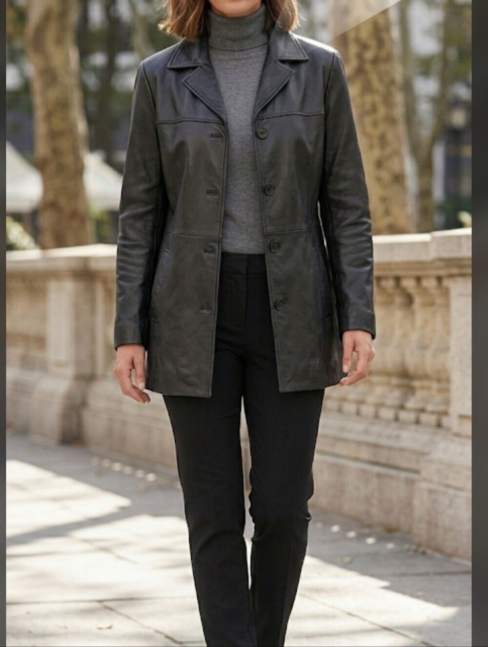Nine West Black Leather Button-Front Blazer Jacket